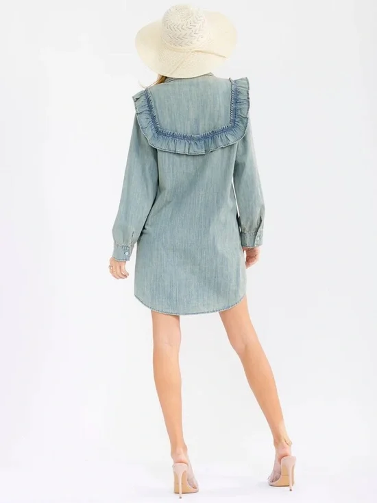 119 • Western CowGirl Denim Ruffle Shirt Dress | Washed Distressed Denim Dress - Picture 5 of 5